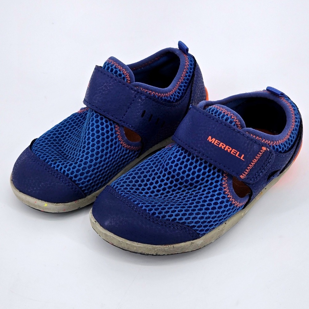 Merrell Kids Bare Steps H2O Water Shoes Blue Orange Wide Trail Sandals 10 WIDE